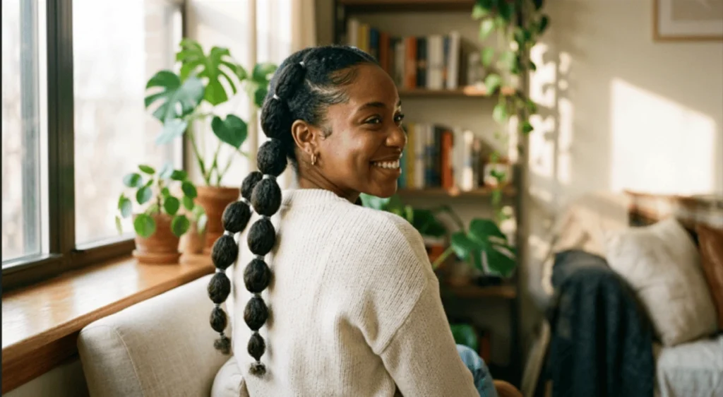 Woman with natural hair wearing double bubble braids with evenly spaced bubbles and clear elastics